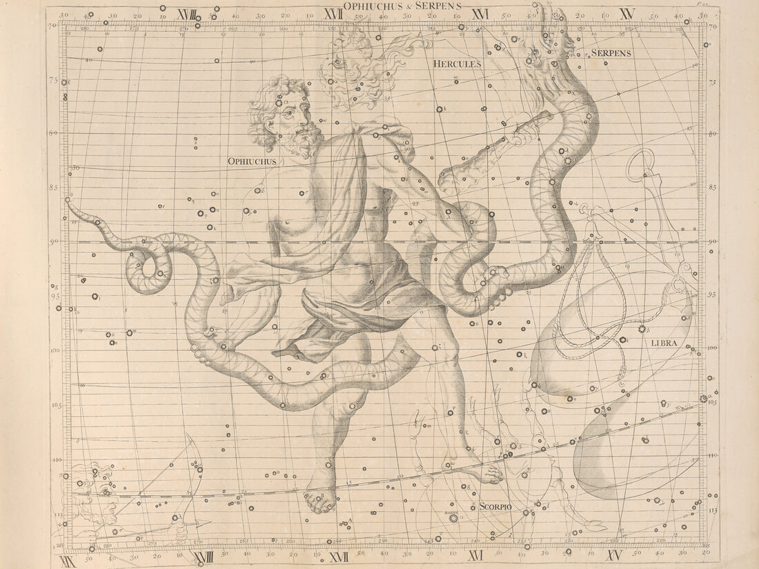 Ophiuchus and Serpens plate from Flamsteed's Atlas Coelestis, a single figure mapped precisely across a measured field